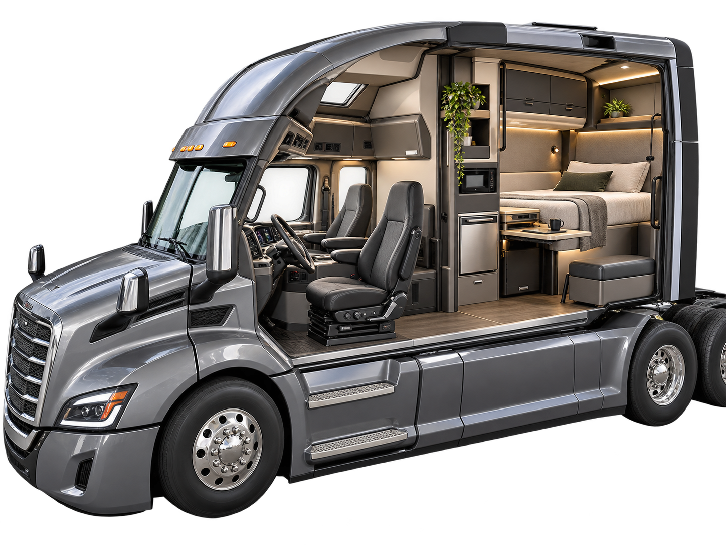 Heavy-truck sleeper cab interior cutaway rendering (illustration, not a photo)